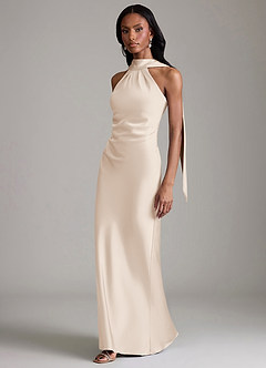 Azazie Cassiana Jurken voor bruidsmeisjes Jurk van Stretch Satijn met Zeemeermin Geplooid Wit Albast image5