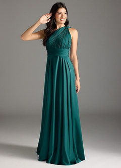 Azazie Charlize Robes de demoiselle d'honneur Robe Trapèze en Satin extensible Ue épaule Paon image1