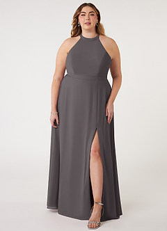 Azazie Clarice Vestidos de damas de honor Vestido de Gris Acero de Gasa de Corte En A con Halter image8