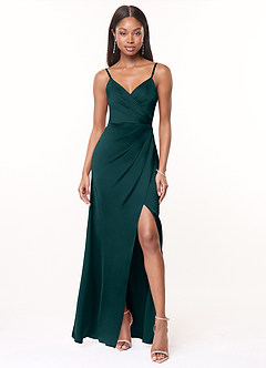 Maci Forest Green A-Line V-Neck Pleated Maxi Satin Dress image1