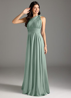 Azazie Charlize Robes de demoiselle d'honneur Robe Trapèze en Satin extensible Asymétrique Agave image1