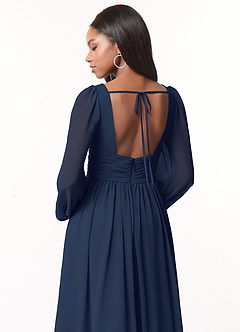 Azazie Norah Bridesmaid Dresses Dark Navy A-Line V-Neck Long Sleeve Chiffon Dress image3