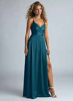Azazie Davis Bridesmaid Dresses Ink Blue A-Line Pleated Stretch Satin Dress image5