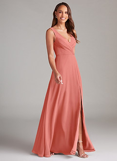 Azazie Nelly Bridesmaid Dresses Salmon Pink A-Line Pleated Chiffon Dress image3
