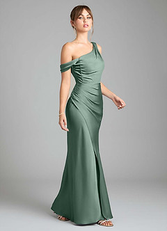 Azazie Madelyn Bridesmaid Dresses Eucalyptus Mermaid One Shoulder Stretch Satin Convertible Dress image5