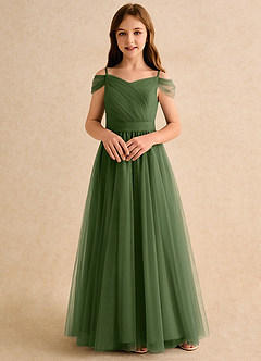 Azazie Yuna Girls Formal Abiti da Ragazza di Fiori Abito A-Line in Tulle a Spalla Scoperta Oliva image4