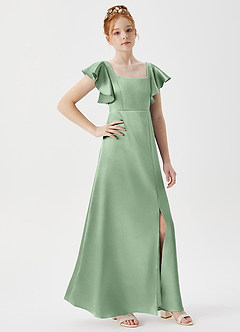 Azazie Bondi Junior Matcha A-Line Side Slit Metallic Satin Dress image3