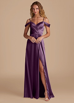 Azazie Ocean Bridesmaid Dresses Plum A-Line Off the Shoulder Metallic Satin Dress image1