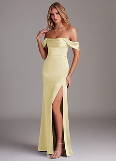 Azazie Saige Bridesmaid Dresses Lemon Sorbet Sheath Off the Shoulder Stretch Satin Dress image5