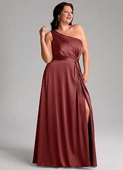 Azazie Brooke Robes de demoiselle d'honneur Robe Trapèze en Satin extensible Asymétrique Terracotta image12