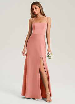 Azazie Lidia Robes de demoiselle d'honneur Robe Sirène en Satin extensible Fente Latérale Corail image1