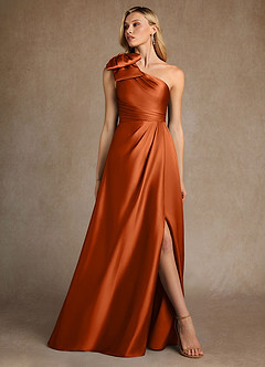 Azazie Easton Mère de la mariée Robes Robe Trapèze en Satin extensible Une épaule Orange Brûlée image4