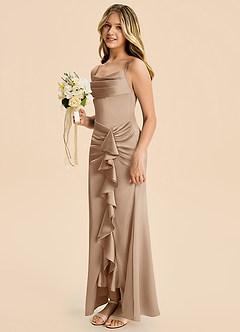 Azazie Rosalia Junior Robe Fourreau en Satin extensible Plissé Taupe image3