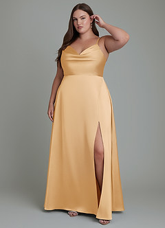 Azazie Sarella Bridesmaid Dresses Gold A-Line Pleated Stretch Satin Dress image6