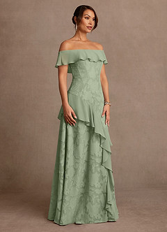 Azazie Marina Mother of the Bride Dresses Dusty Sage A-Line Off the Shoulder Floral Burnout Dress image3