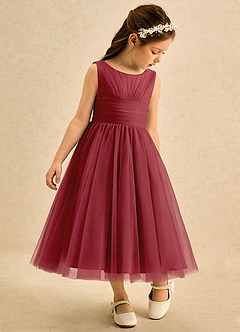 Azazie Macaron Flower Girl Dresses Pomegranate A-Line Pleated Tulle Dress image1