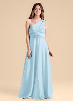 Azazie Charlize Junior Vestido de Azul Cielo de Satén Elástico de Corte en A con Plisado image1