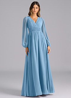 Azazie Palerma Bridesmaid Dresses Steel Blue A-Line Long Sleeve Chiffon Dress image1