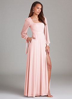 Azazie Leonia Bridesmaid Dresses Blushing Pink A-Line Long Sleeve Mesh Dress image3