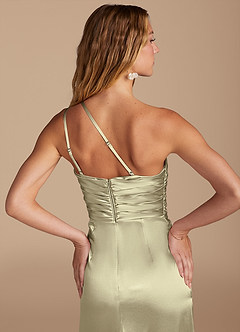 Azazie Eren Brautjungfernkleider Etui One-Shoulder Metallischer Satin Kleid Moosgrün image2