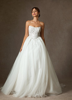 Azazie Ainsley Wedding Dresses Diamond White Ball-Gown Strapless Lace Dress image4