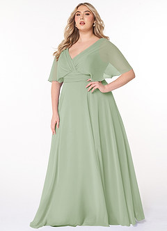 Azazie Pamela Vestidos de damas de honor Vestido de Salvia Polvorienta de Gasa de Corte en A con Cuello en V plisado image6