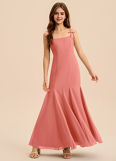 Azazie Evey Junior Vestido de Rosa Salmón de Gasa de Corte Sirena con Plisado image3