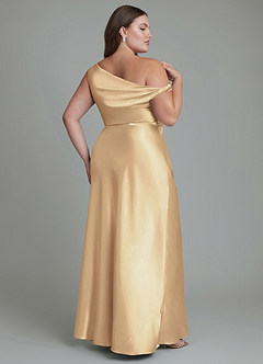 Azazie Emerson Bridesmaid Dresses Champagne Mermaid Off the Shoulder Metallic Satin Dress image2