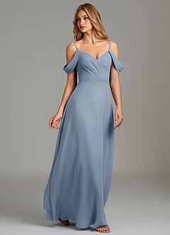 Azazie Julianne Essayer des robes à la maison Robe Trapèze en Mousseline de soie Épaule décolletée Bleu Poussiéreux image1