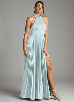 Azazie Zienna 신부 들러리 드레스 A라인 주름진 스트레치 새틴 바닥 길이 드레스 image1