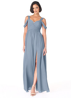 Azazie Lianne Bridesmaid Dresses Dusty Blue A-Line Off the Shoulder Chiffon Dress image2