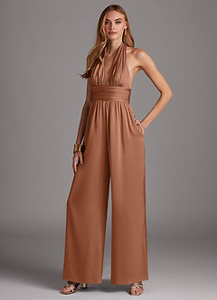 Azazie Oli Jurken voor bruidsmeisjes Jumpsuit van Stretch Satijn Geplooid Bronzeertint image4