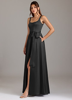 Azazie Elliott Robes de demoiselle d'honneur Robe Trapèze en Satin extensible avec poches Noir image4