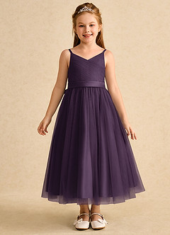 Azazie Patootie vestidos de niña de las flores Vestido de Ciruela de Tul de Corte En A con Tirante Espagueti image1