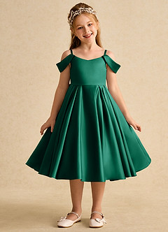 Azazie Favia Flower Girl Dresses Emerald A-Line Off the Shoulder Matte Satin Dress image2