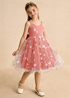 Azazie Junebug Flower Girl Dresses Salmon Pink Ball-Gown Spaghetti Strap Tulle Dress image2