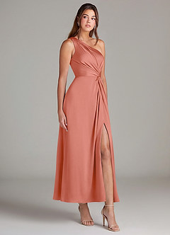 Azazie Brooke Bridesmaid Dresses Salmon Pink A-Line One Shoulder Stretch Satin Dress image4