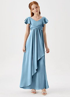 Azazie Omari Junior Steel Blue A-Line Pleated Stretch Satin Dress image3