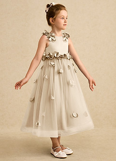 Azazie Atta Flower Girl Dresses Champagne A-Line One Shoulder Tulle Dress image3