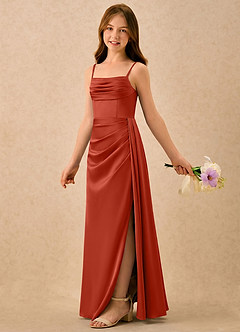 Azazie Shyla Girls Formal Flower Girl Dresses Rust Sheath Pleated Stretch Satin Dress image1
