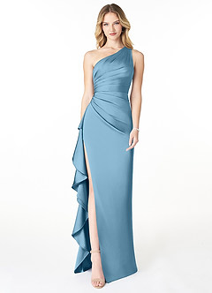 Azazie Latrice Bridesmaid Dresses Steel Blue Sheath One Shoulder Cascading Ruffles Stretch Satin Dress image1