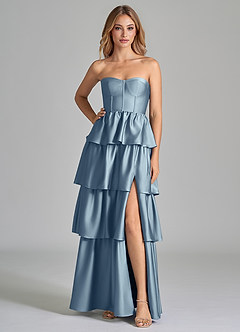 Azazie Faye Bridesmaid Dresses Dusty Blue A-Line Ruched Stretch Satin Dress image3