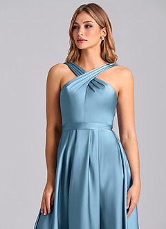 Azazie Dixie Bridesmaid Dresses Steel Blue A-Line Pleated Stretch Satin Dress image6