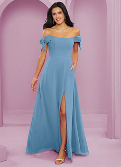Barbie ♥ Azazie Robes de demoiselle d'honneur Robe Trapèze Convertible en Mousseline de soie Épaule décolletée Acier Bleuté image1