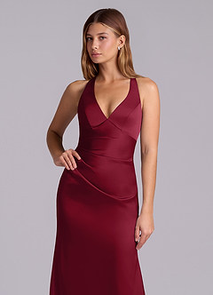 Azazie Amelie Bridesmaid Dresses Burgundy A-Line Pleated Stretch Satin Dress image6