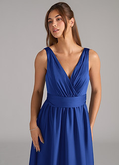 Azazie Kora Bridesmaid Dresses Royal Blue A-Line Pleated Stretch Satin Dress image7