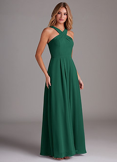Azazie Dixie Bridesmaid Dresses Emerald A-Line Halter Pleated Chiffon Dress image4