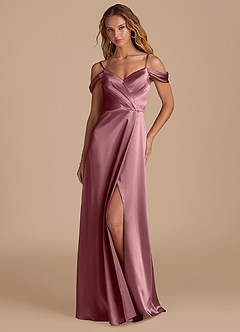 Azazie Ocean Bridesmaid Dresses Vintage Mauve A-Line Off the Shoulder Metallic Satin Dress image3