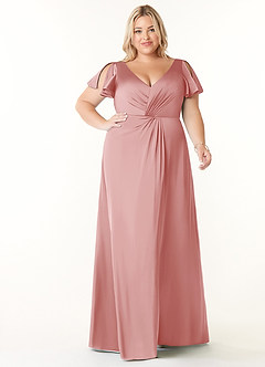 Azazie Soren Robes de demoiselle d'honneur Robe Trapèze en Satin extensible Plissée Rose Poudré image16