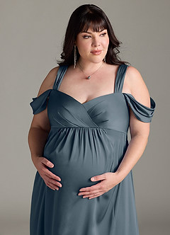 Azazie Rhea Maternity Bridesmaid Dresses A-Line Off-The-Shouler Pleated Stretch Satin Floor-Length Dress image12